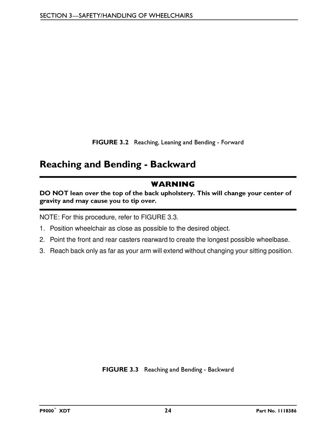 Invacare P9000 XDT manual Reaching and Bending Backward, Reaching, Leaning and Bending Forward 