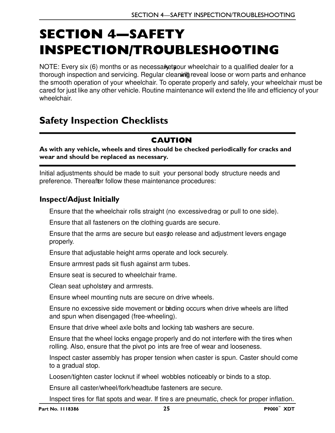 Invacare P9000 XDT manual Safety INSPECTION/TROUBLESHOOTING, Safety Inspection Checklists, Inspect/Adjust Initially 