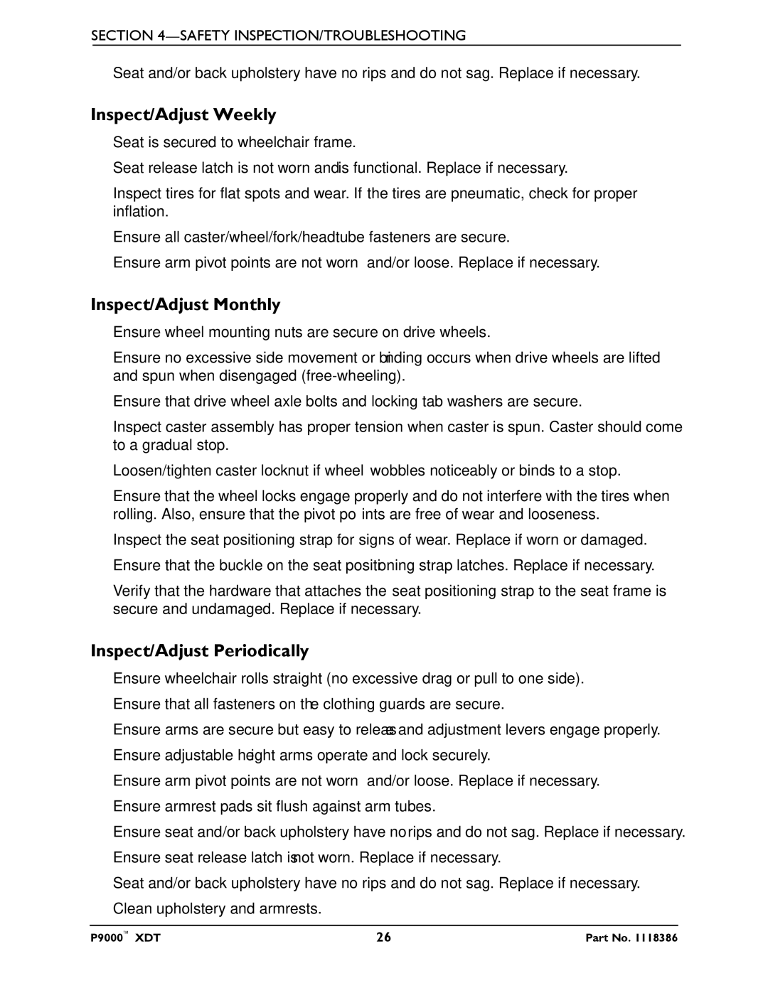 Invacare P9000 XDT manual Inspect/Adjust Weekly, Inspect/Adjust Monthly, Inspect/Adjust Periodically 