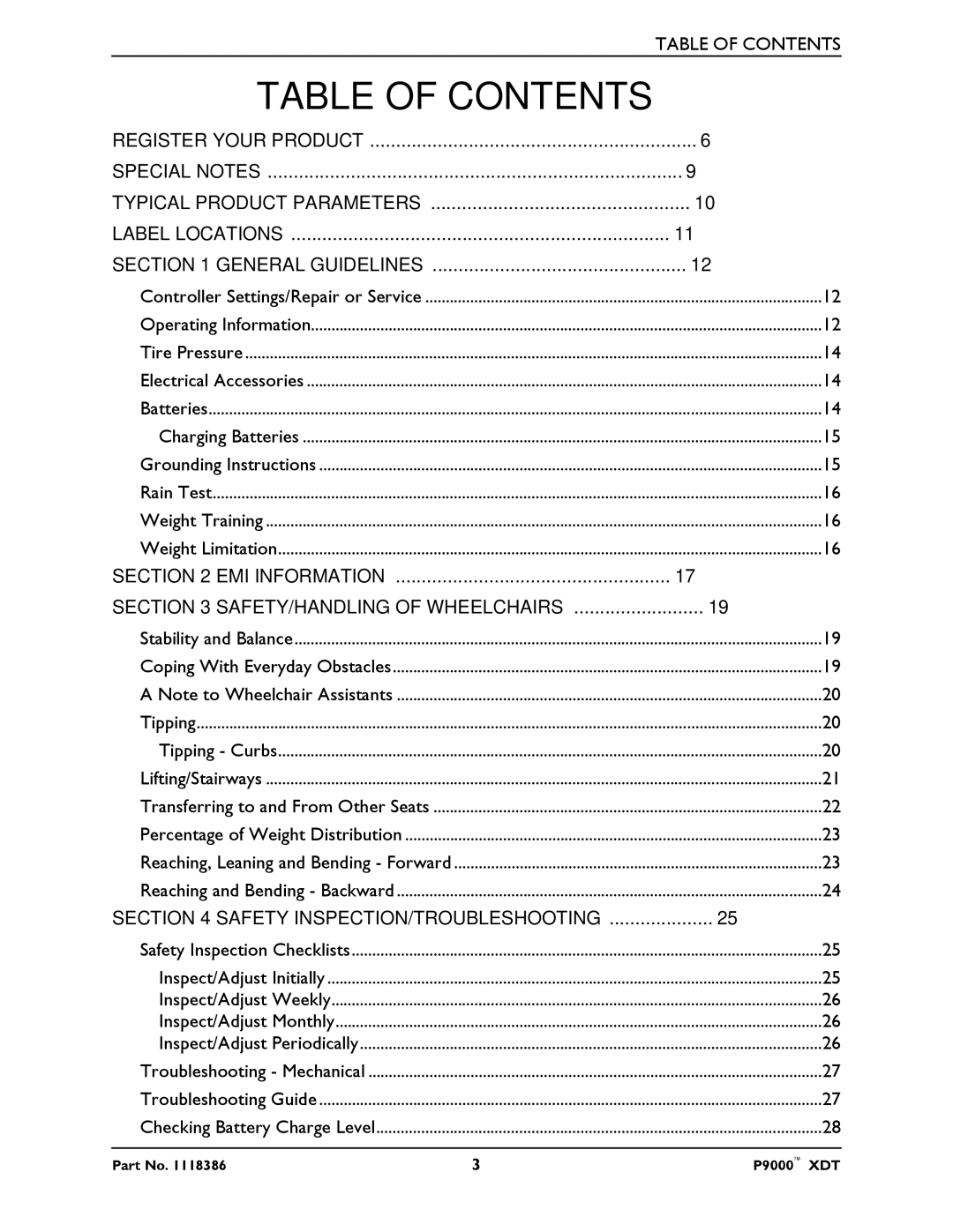 Invacare P9000 XDT manual Table of Contents 