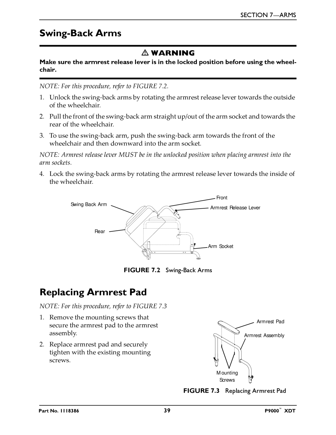 Invacare P9000 XDT manual Swing-Back Arms, Replacing Armrest Pad 