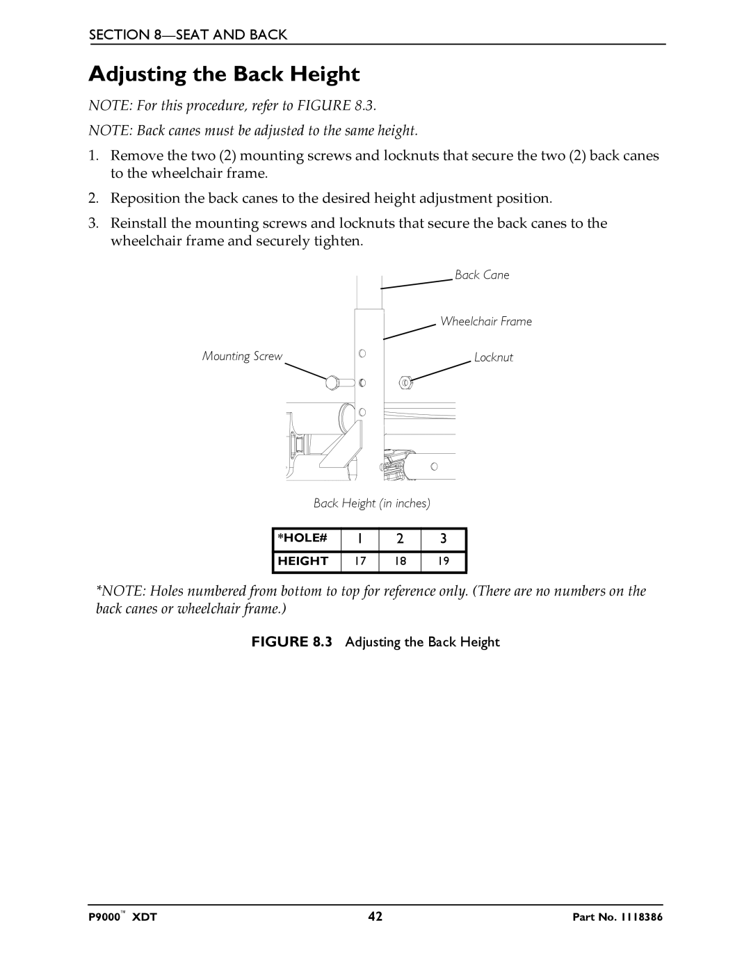 Invacare P9000 XDT manual Adjusting the Back Height 