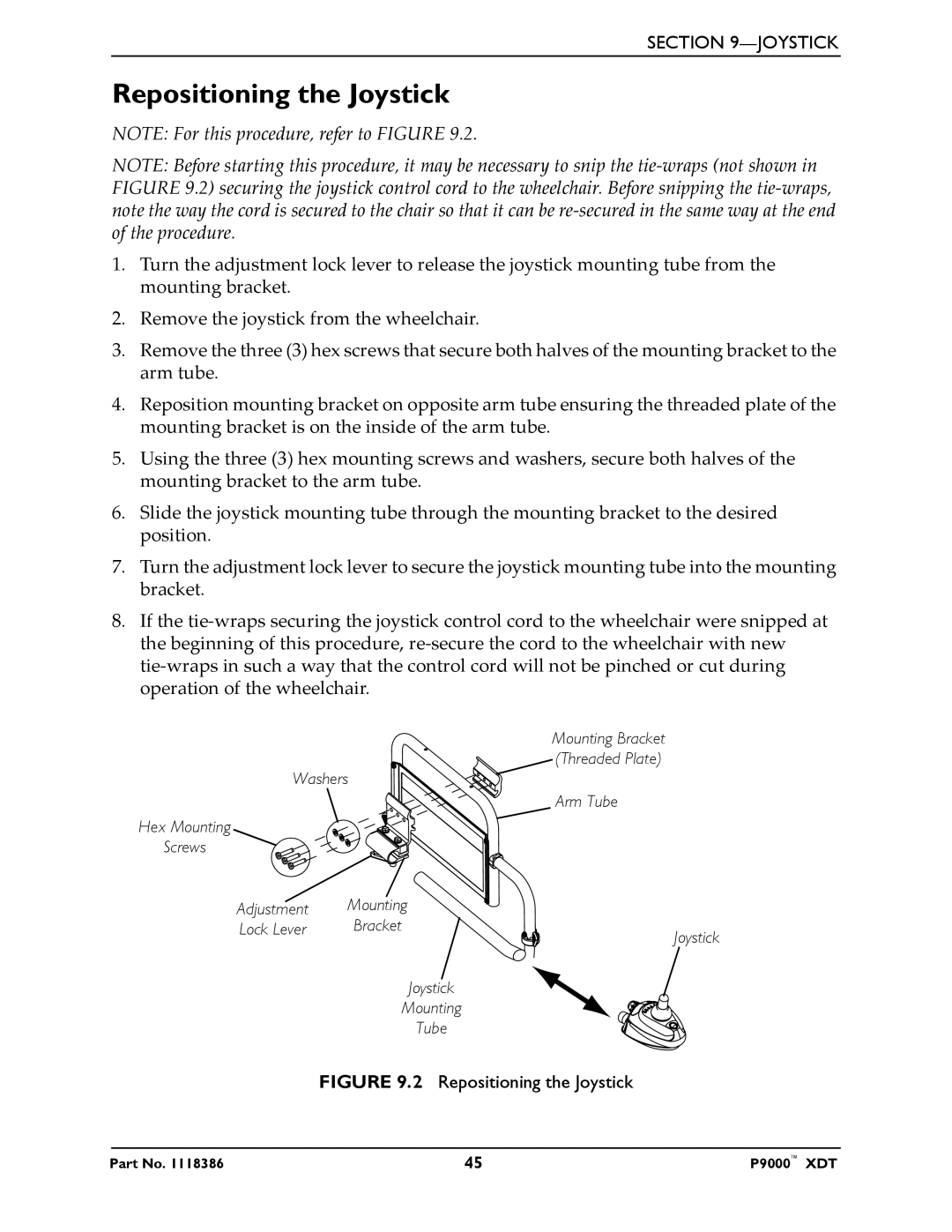 Invacare P9000 XDT manual Repositioning the Joystick 