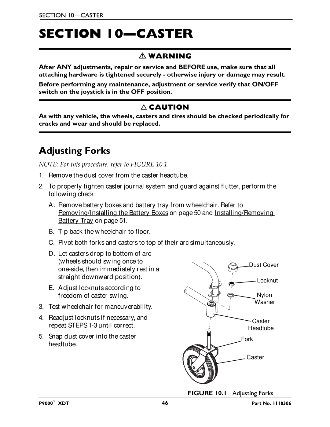 Invacare P9000 XDT manual Caster, Adjusting Forks 