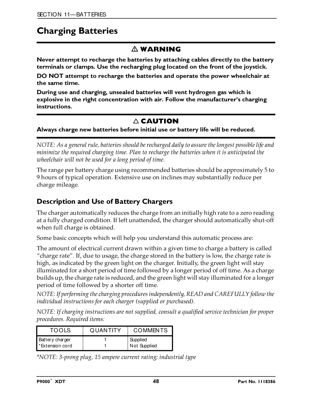 Invacare P9000 XDT manual Charging Batteries, Description and Use of Battery Chargers 