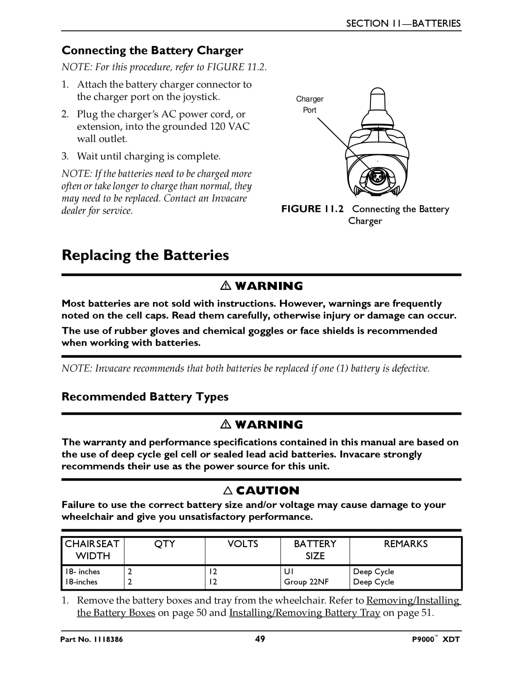 Invacare P9000 XDT manual Replacing the Batteries, Connecting the Battery Charger, Recommended Battery Types 