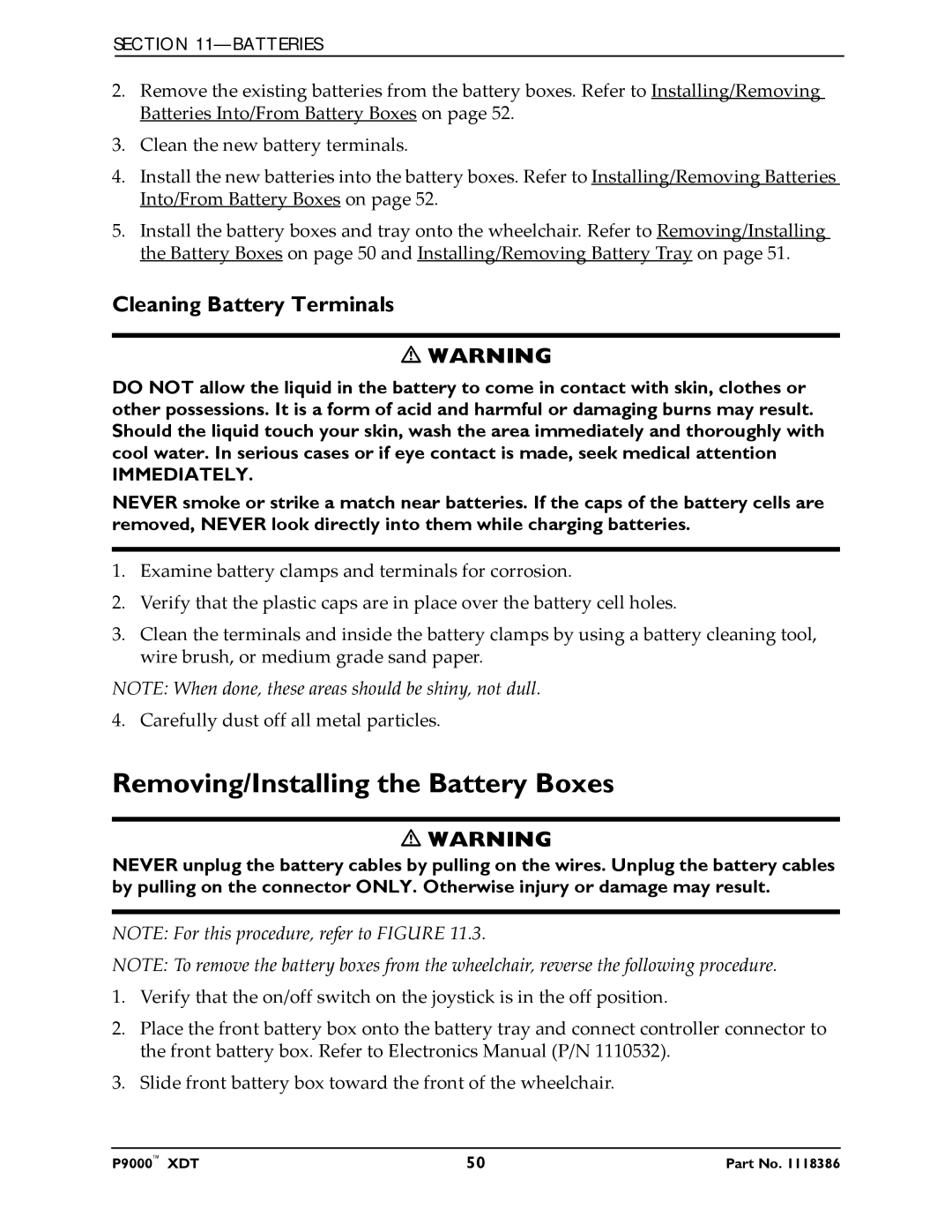 Invacare P9000 XDT manual Removing/Installing the Battery Boxes, Cleaning Battery Terminals 