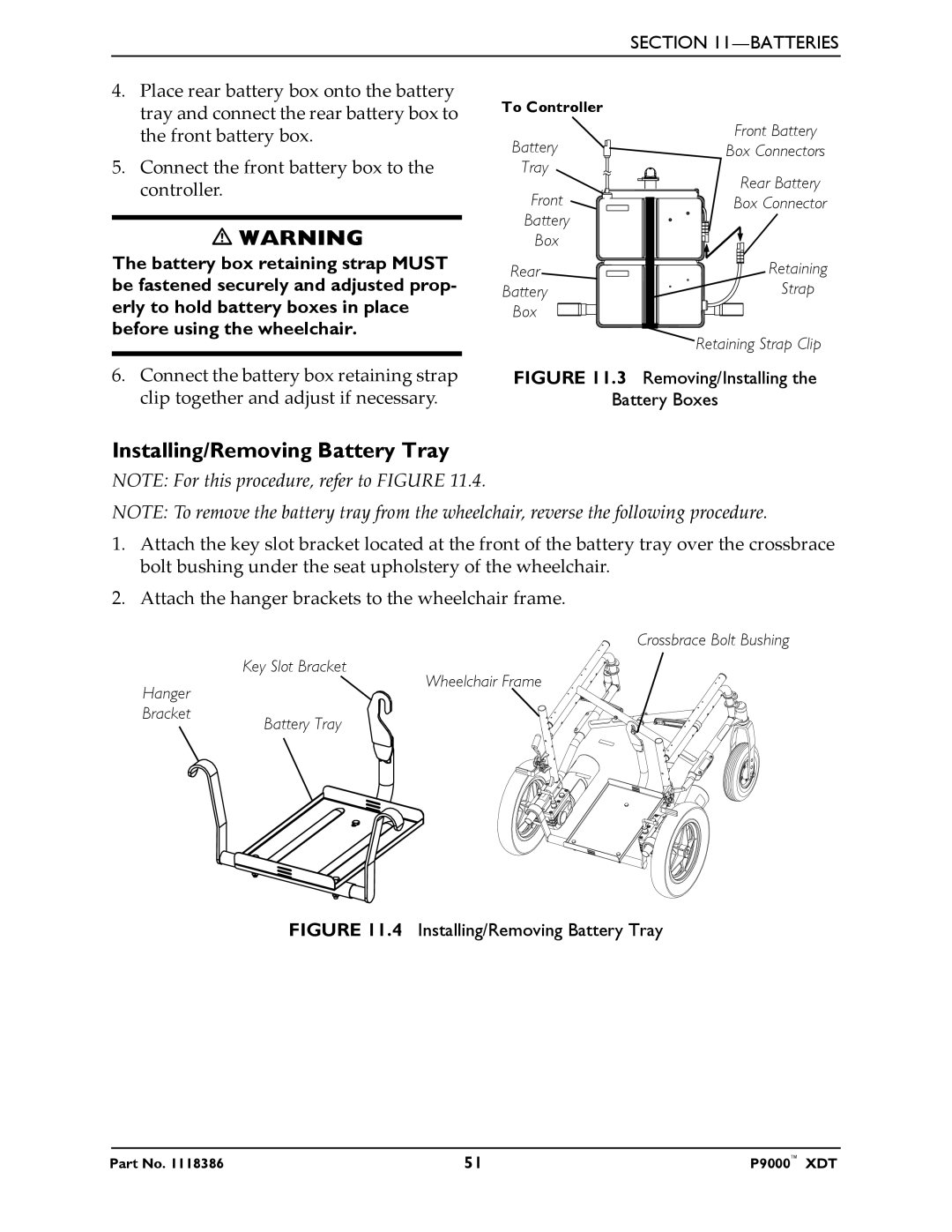 Invacare P9000 XDT manual Installing/Removing Battery Tray, Removing/Installing Battery Boxes 