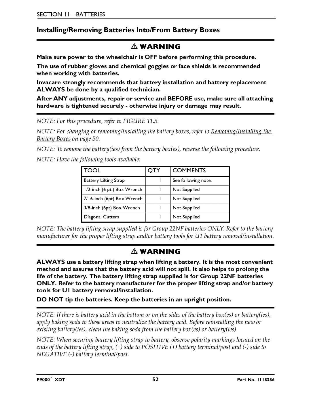 Invacare P9000 XDT manual Installing/Removing Batteries Into/From Battery Boxes, Tool QTY Comments 