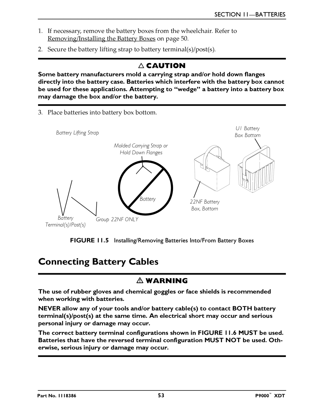 Invacare P9000 XDT manual Connecting Battery Cables, Place batteries into battery box bottom 