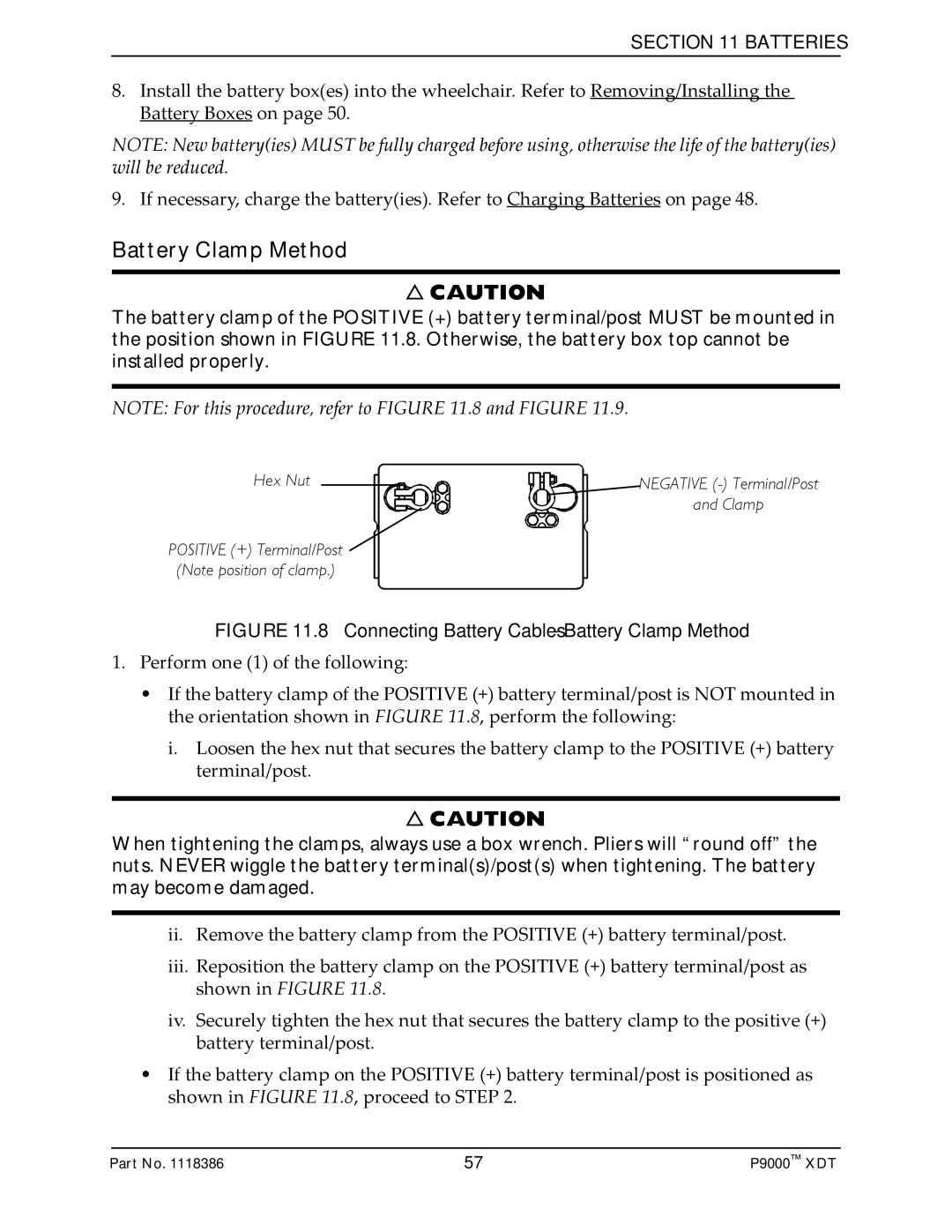 Invacare P9000 XDT manual Connecting Battery Cables Battery Clamp Method 