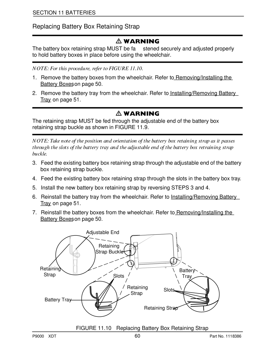 Invacare P9000 XDT manual Replacing Battery Box Retaining Strap 