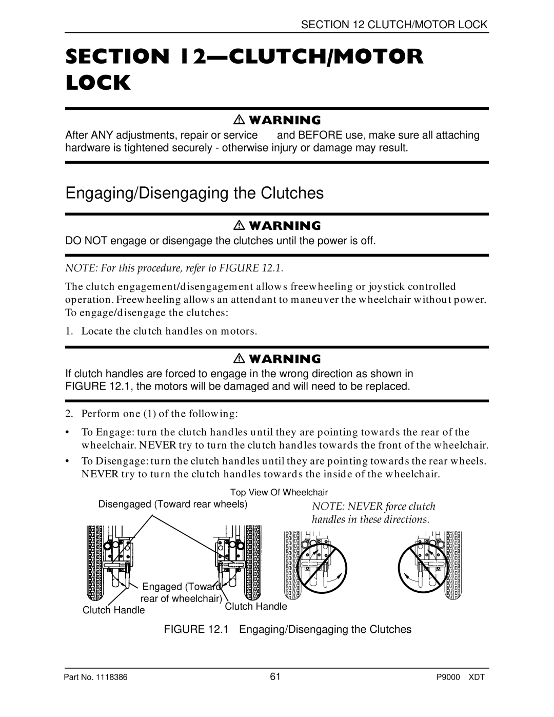 Invacare P9000 XDT manual CLUTCH/MOTOR Lock, Engaging/Disengaging the Clutches 