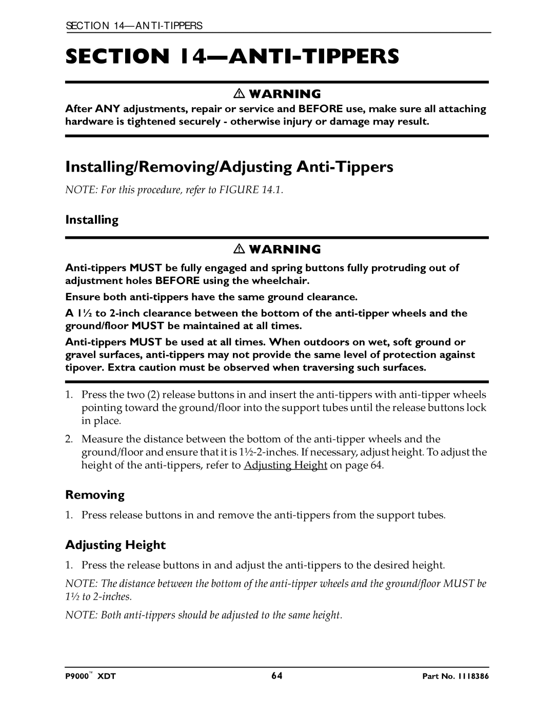 Invacare P9000 XDT manual Installing/Removing/Adjusting Anti-Tippers, Adjusting Height 