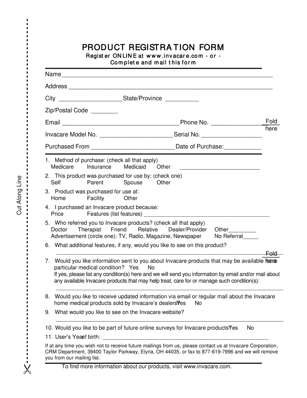 Invacare P9000 XDT manual Product Registration Form 