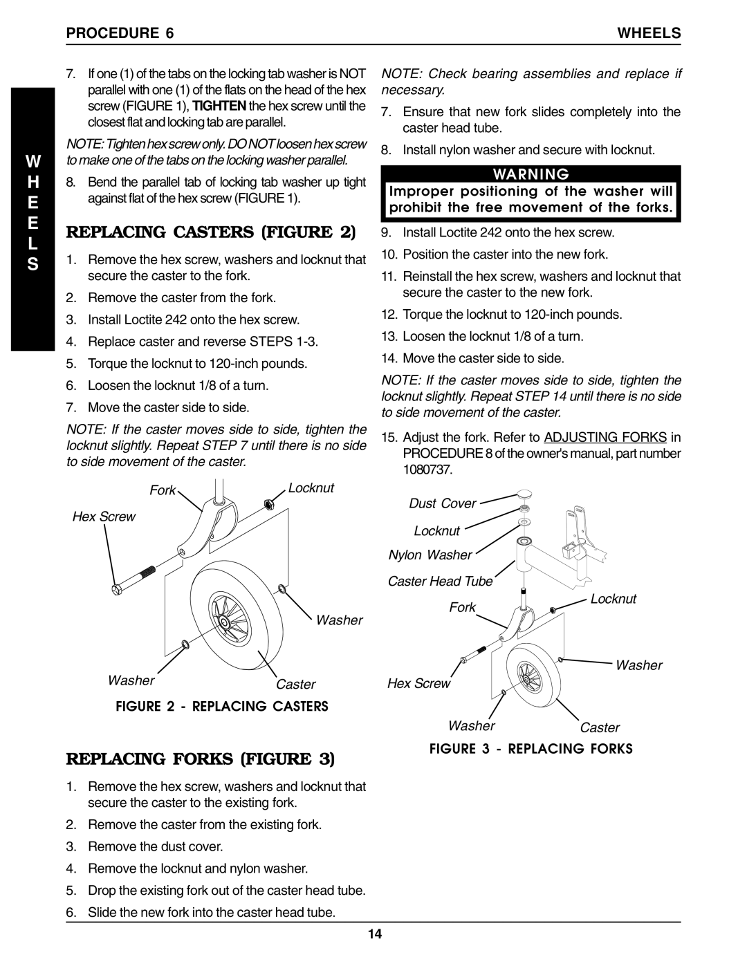 Invacare P9000 service manual Replacing Casters Figure, Replacing Forks Figure, Procedure Wheels 