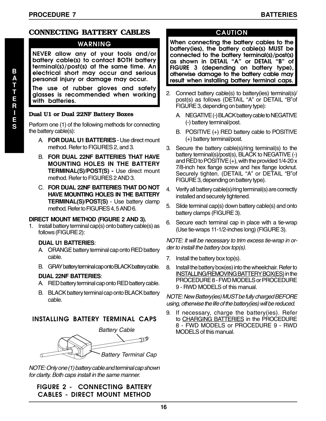 Invacare P9000 service manual Connecting Battery Cables, T T E R, Dual U1 or Dual 22NF Battery Boxes 