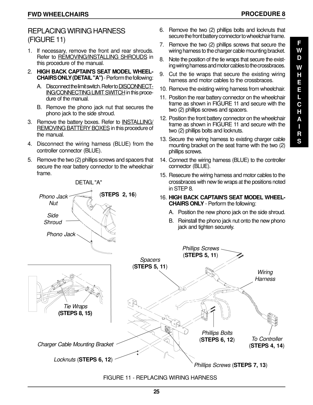 Invacare P9000 service manual Replacing Wiring Harness, FWD Wheelchairs Procedure, Steps 2, Steps 5, Steps 8 