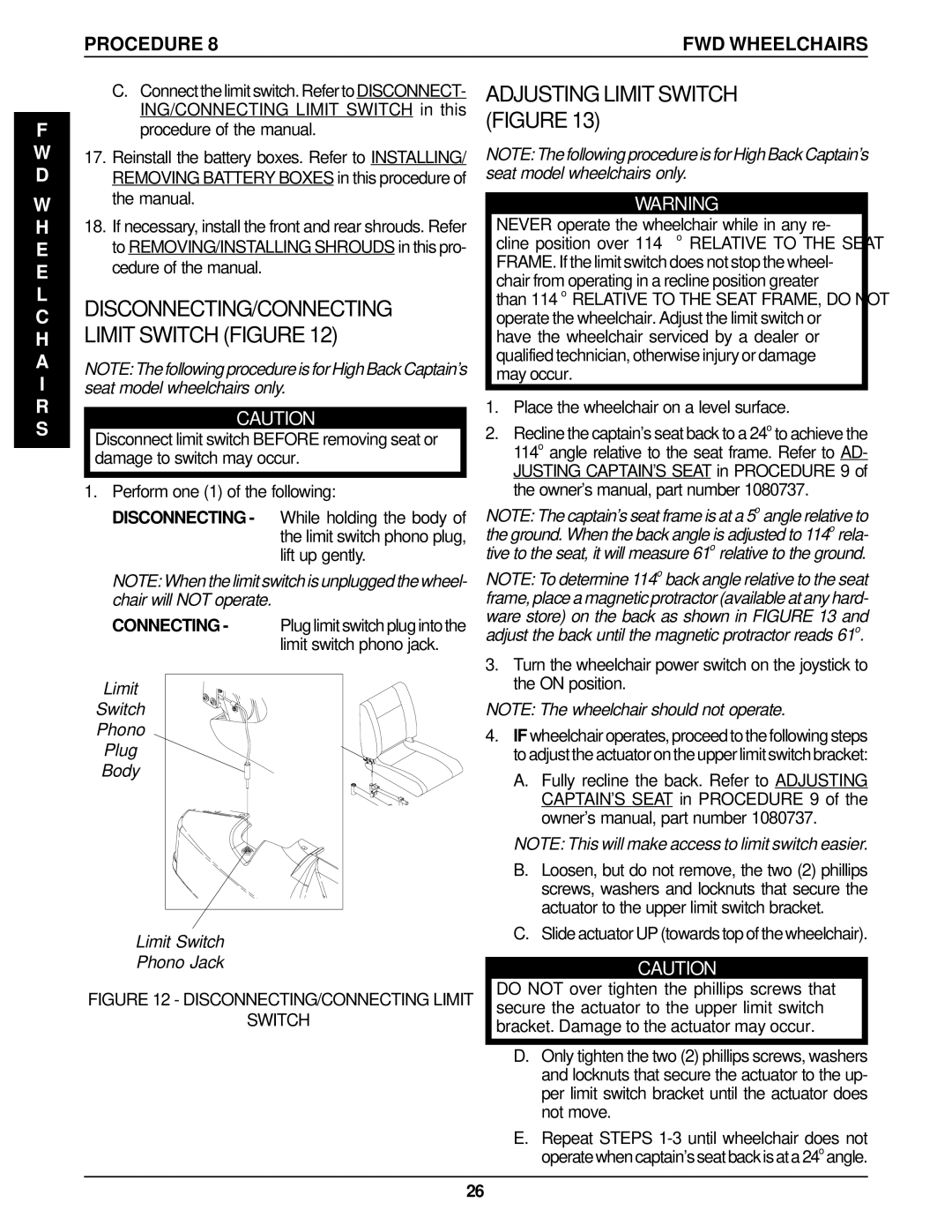 Invacare P9000 service manual Adjusting Limit Switch Figure, Limit Switch Phono Plug Body Phono Jack 