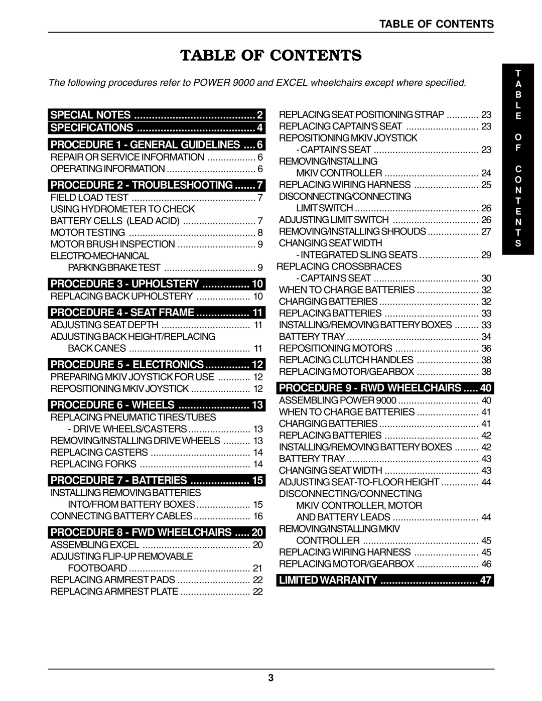 Invacare P9000 service manual Table of Contents 