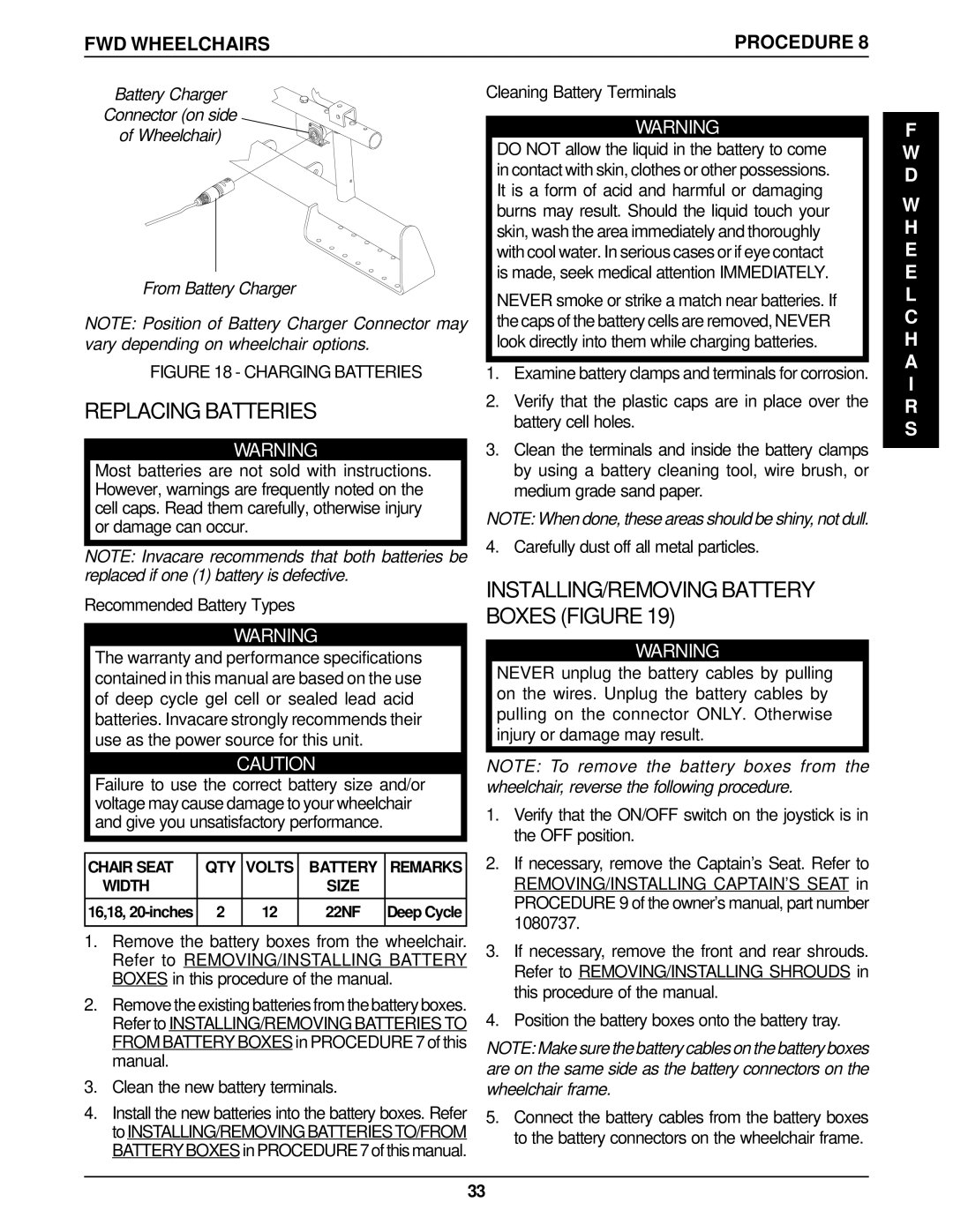 Invacare P9000 service manual Replacing Batteries, INSTALLING/REMOVING Battery Boxes Figure, Recommended Battery Types 