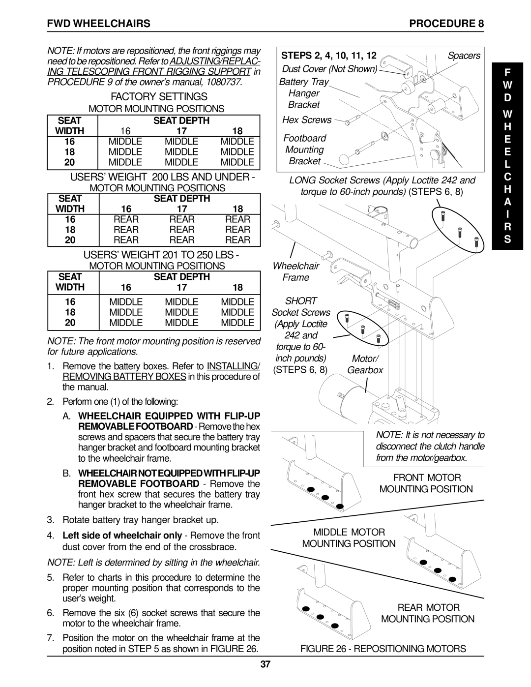 Invacare P9000 service manual Users Weight 201 to 250 LBS, Rotate battery tray hanger bracket up 