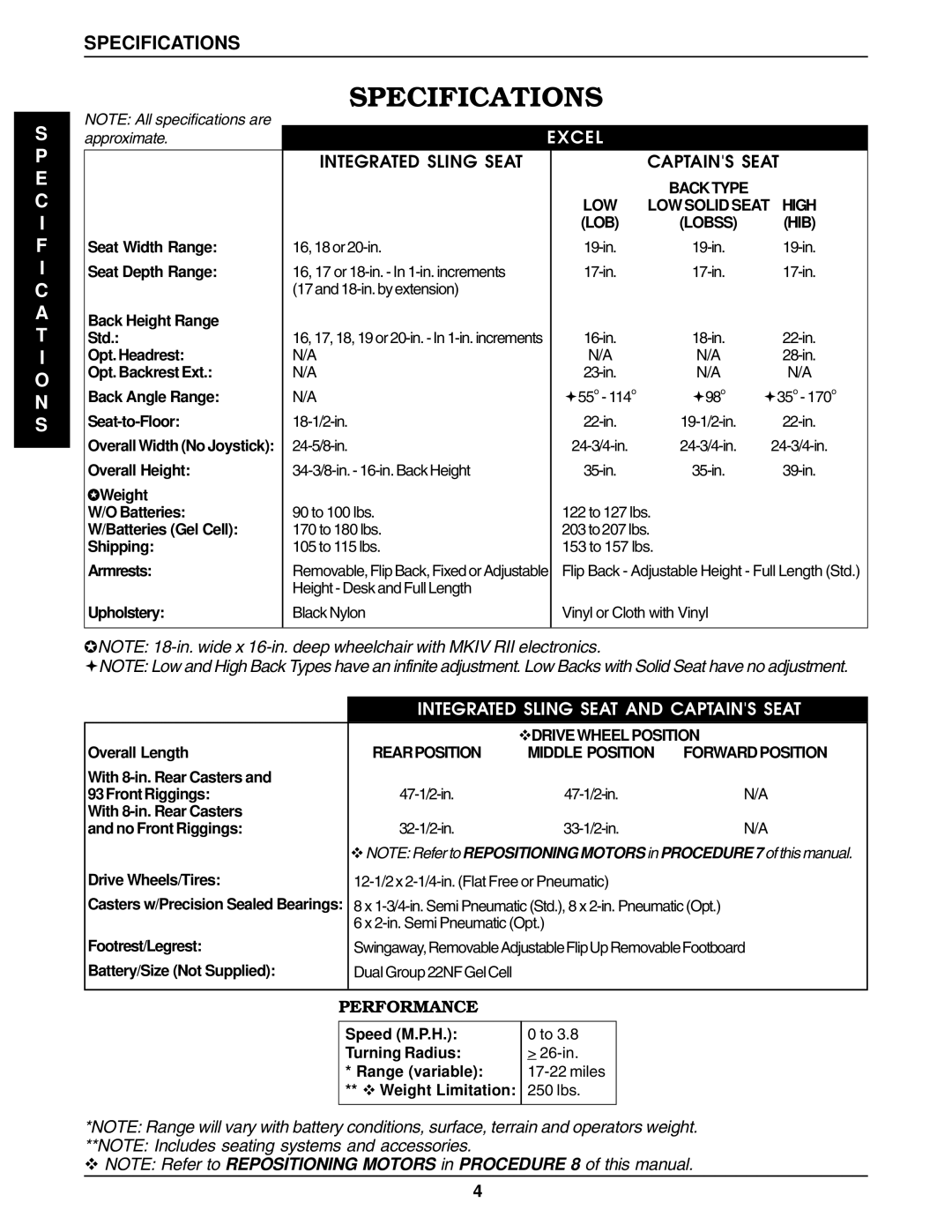 Invacare P9000 service manual Specification S, Specifications 