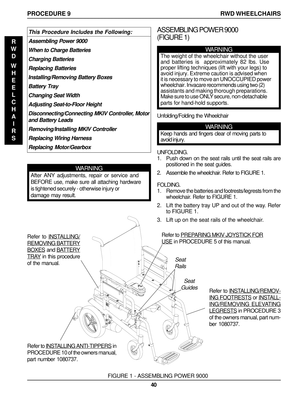 Invacare P9000 service manual Assembling Power 9000 Figure, Unfolding/Folding the Wheelchair, Seat Rails Guides 