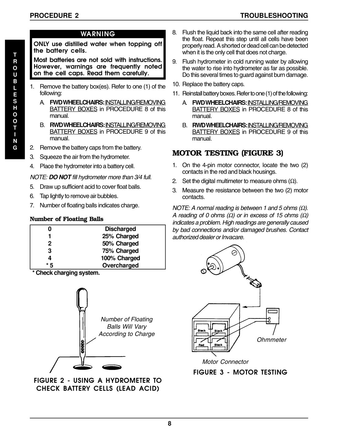 Invacare P9000 Motor Testing Figure, Procedure Troubleshooting, Number of Floating Balls, Check charging system 