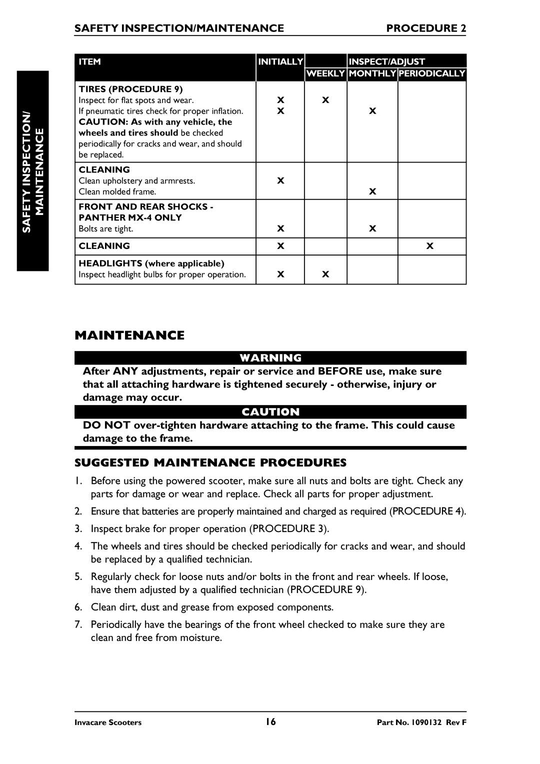 Invacare PANTHER LX-4, PANTHER MX-4 Suggested Maintenance Procedures, Safety INSPECTION/MAINTENANCE Procedure 