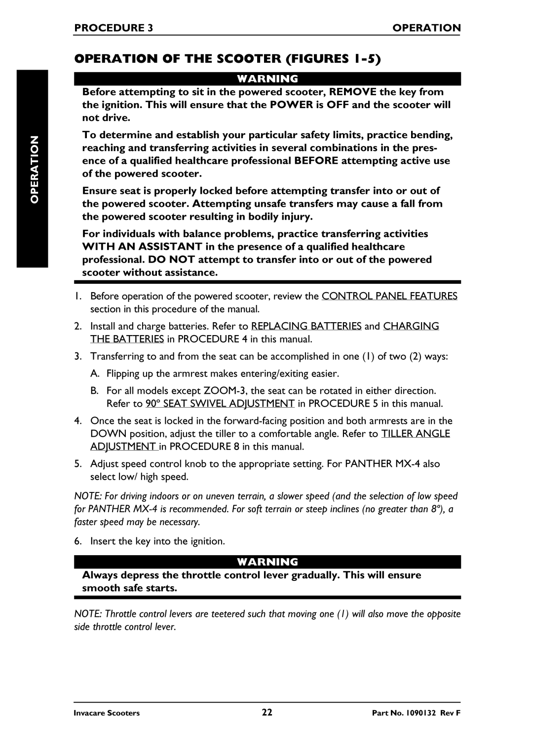 Invacare PANTHER MX-4, PANTHER LX-4, LYNX LX-3PLUS, LYNX SX-3 Operation of the Scooter Figures, Procedure Operation 