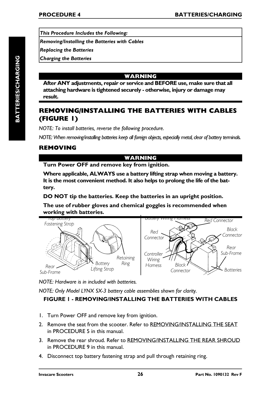 Invacare PANTHER LX-4, PANTHER MX-4 REMOVING/INSTALLING the Batteries with Cables Figure, Removing, Batteries/Charging 