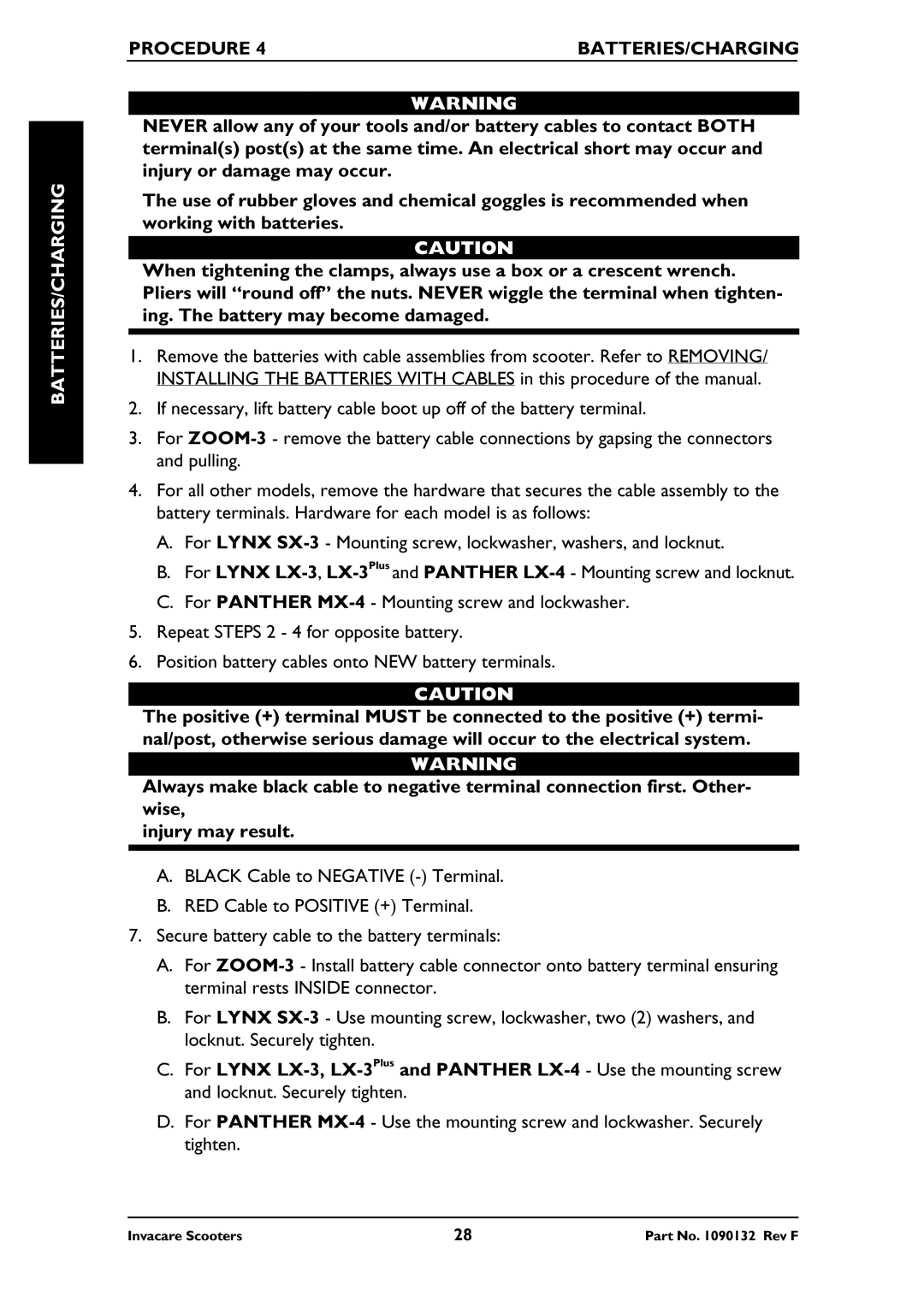 Invacare LYNX LX-3PLUS, PANTHER MX-4, PANTHER LX-4, LYNX SX-3 owner manual Batteries/Charging 