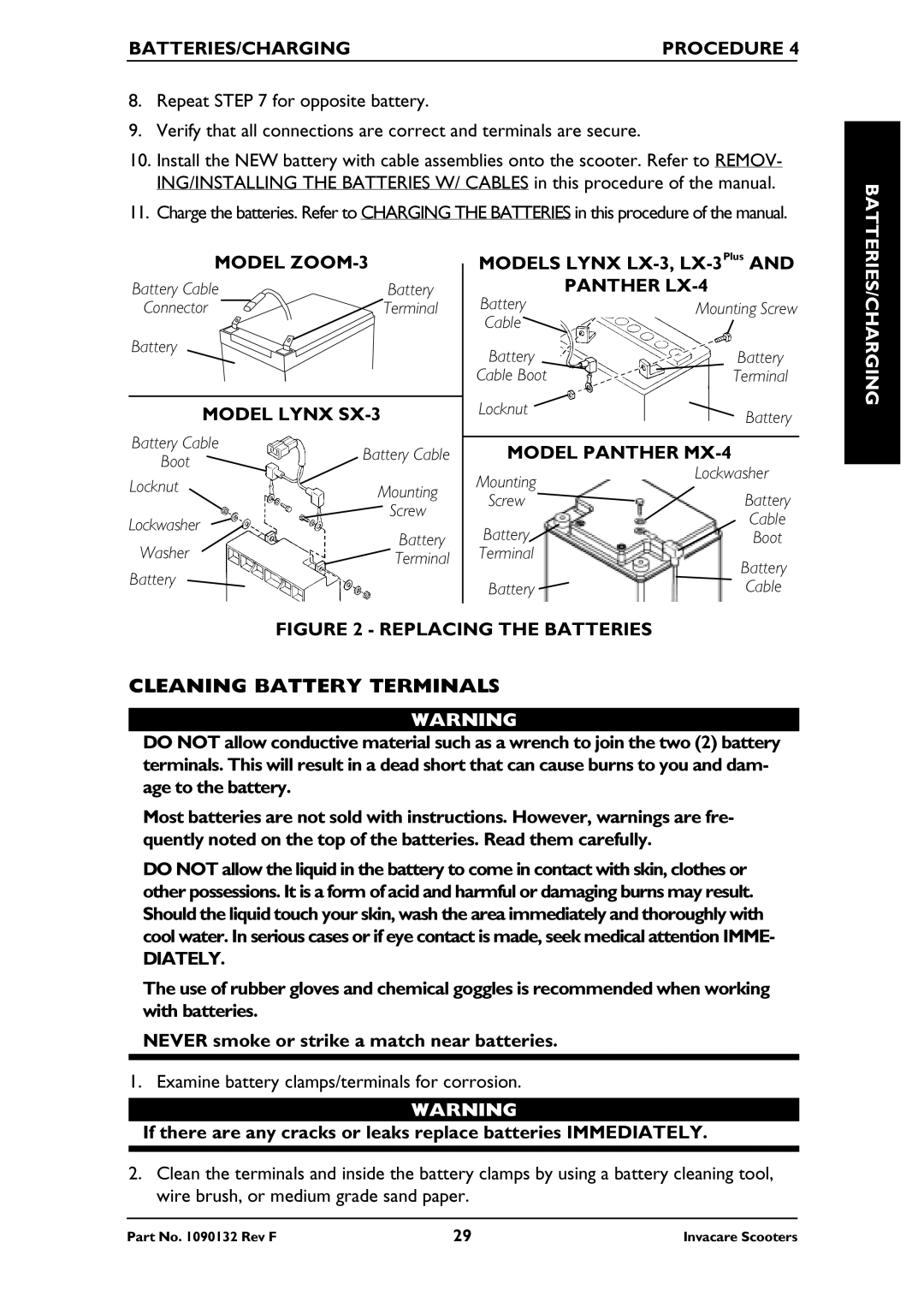 Invacare LYNX SX-3, PANTHER MX-4, PANTHER LX-4, LYNX LX-3PLUS owner manual Cleaning Battery Terminals, Diately 