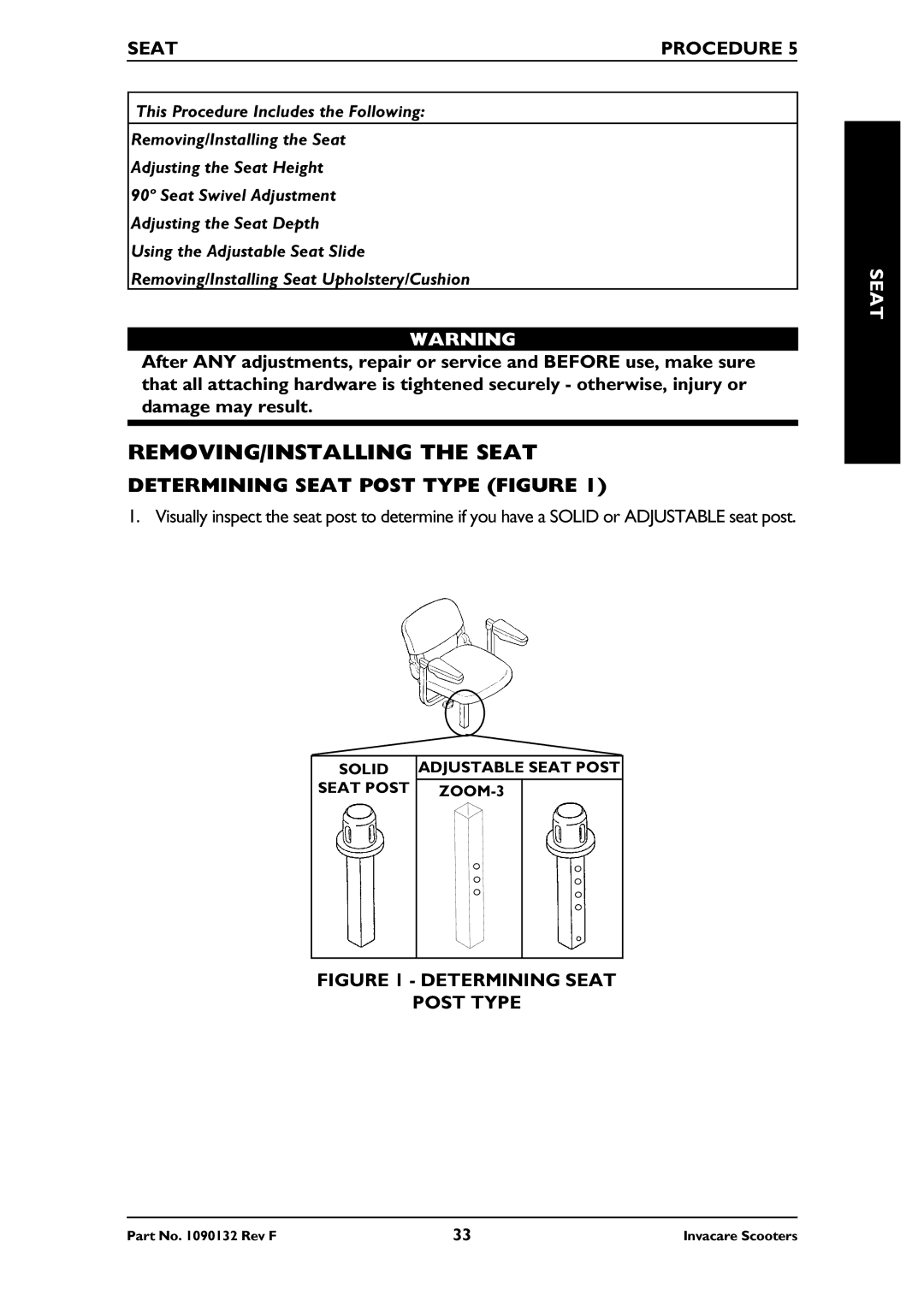 Invacare LYNX LX-3PLUS, PANTHER MX-4 REMOVING/INSTALLING the Seat, Determining Seat Post Type Figure, Seat Procedure 