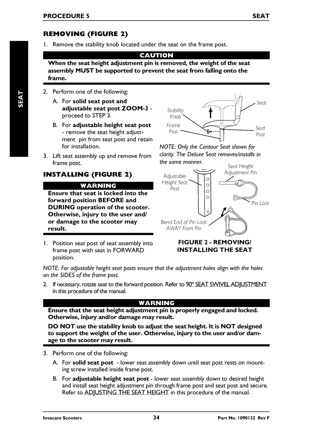 Invacare LYNX SX-3, PANTHER MX-4, PANTHER LX-4, LYNX LX-3PLUS Removing Figure, Installing Figure, Procedure Seat 