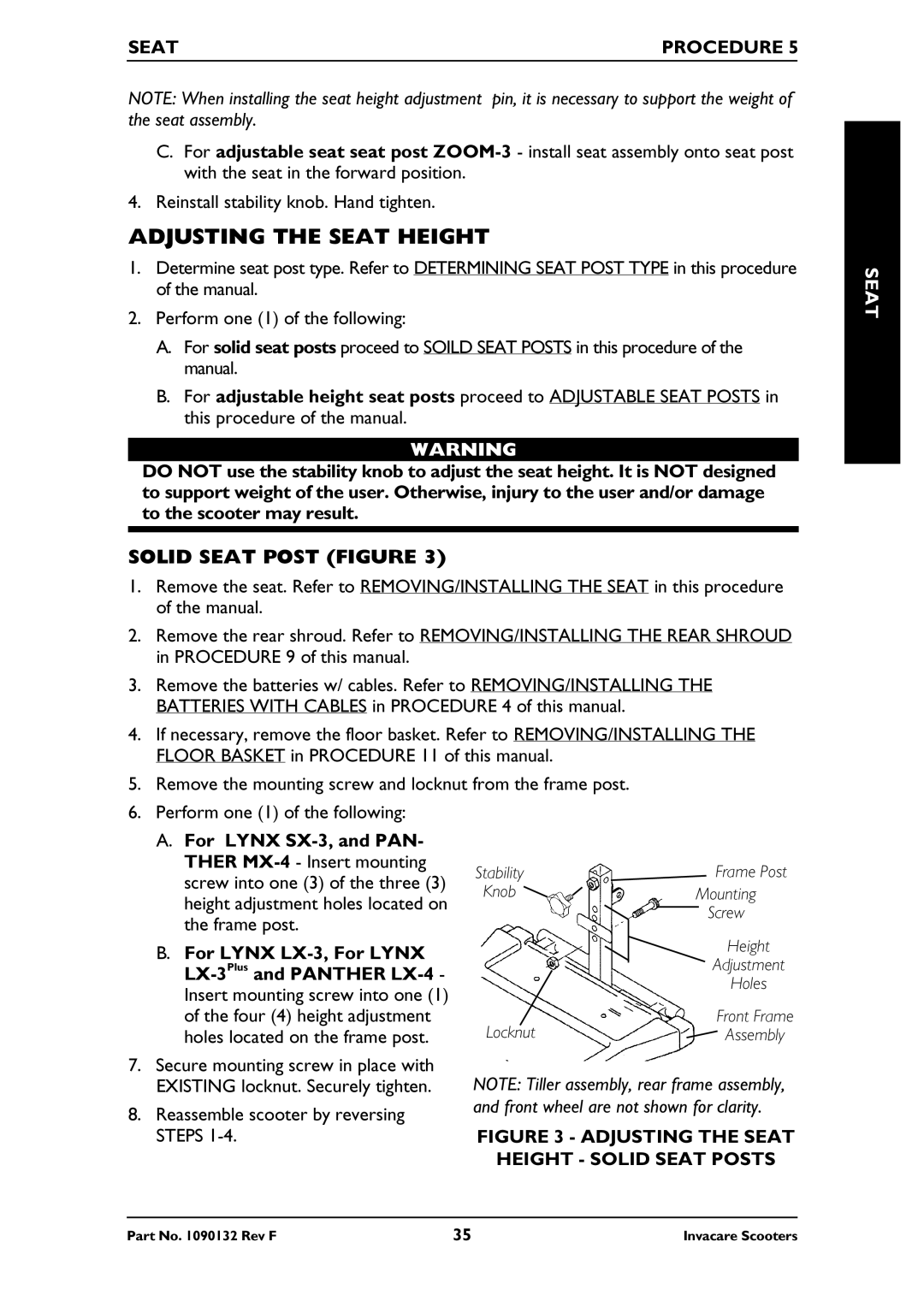 Invacare PANTHER MX-4, PANTHER LX-4, LYNX LX-3PLUS, LYNX SX-3 Adjusting the Seat Height, Solid Seat Post Figure 