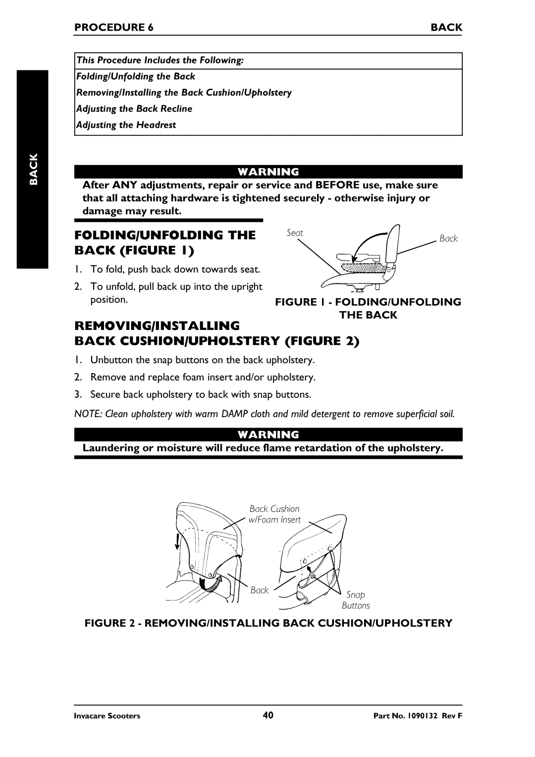 Invacare PANTHER MX-4, PANTHER LX-4 Folding/Unfolding, Back Figure, Removing/Installing, Back CUSHION/UPHOLSTERY Figure 