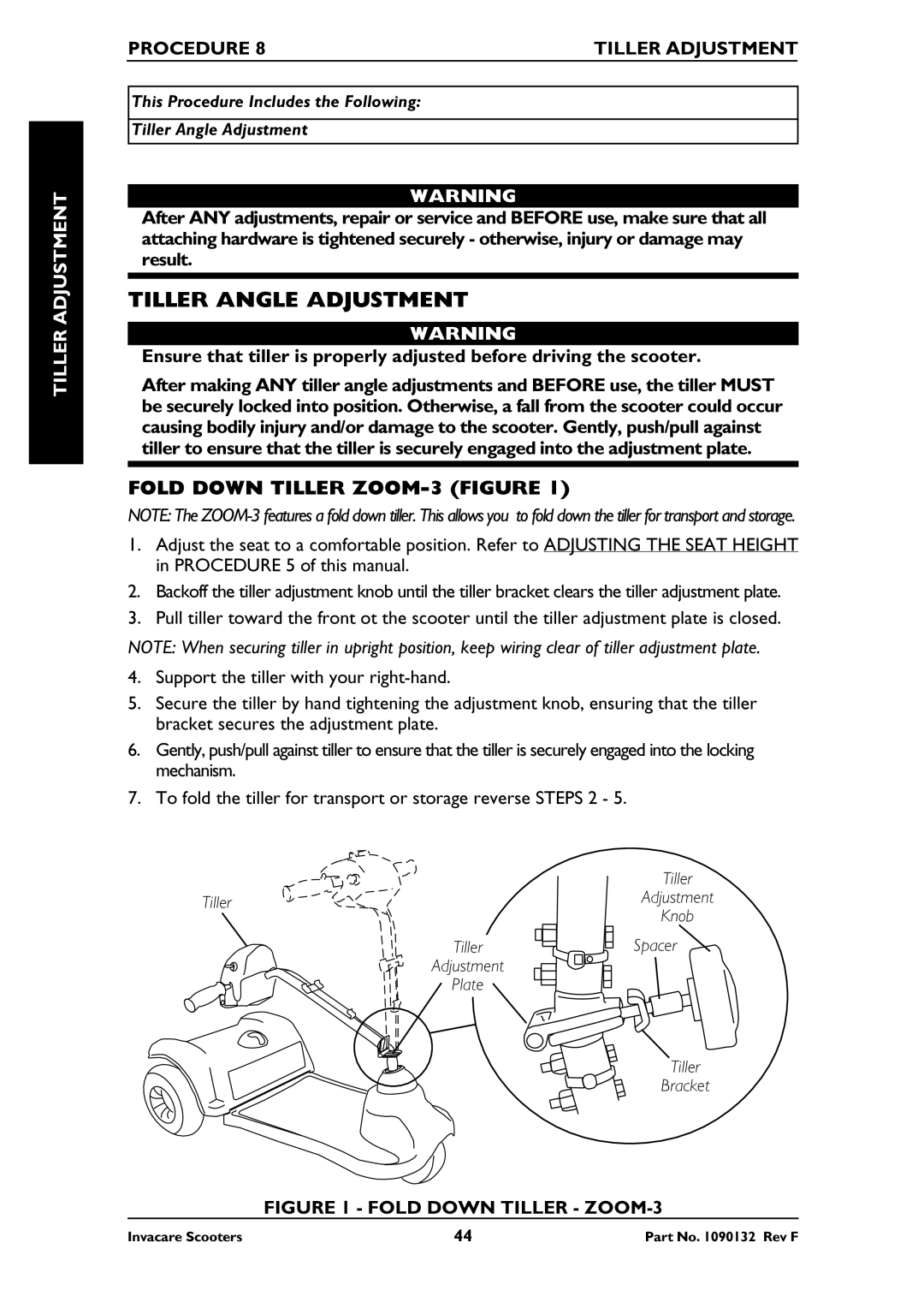 Invacare LYNX SX-3, PANTHER MX-4 Tiller Angle Adjustment, Fold Down Tiller ZOOM-3 Figure, Procedure Tiller Adjustment 