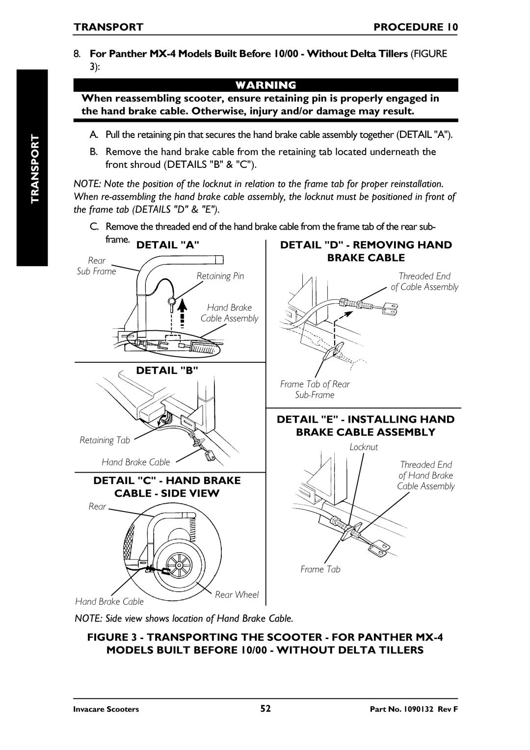 Invacare PANTHER MX-4, PANTHER LX-4, LYNX LX-3PLUS, LYNX SX-3 owner manual Transport Procedure, Cable Side View 