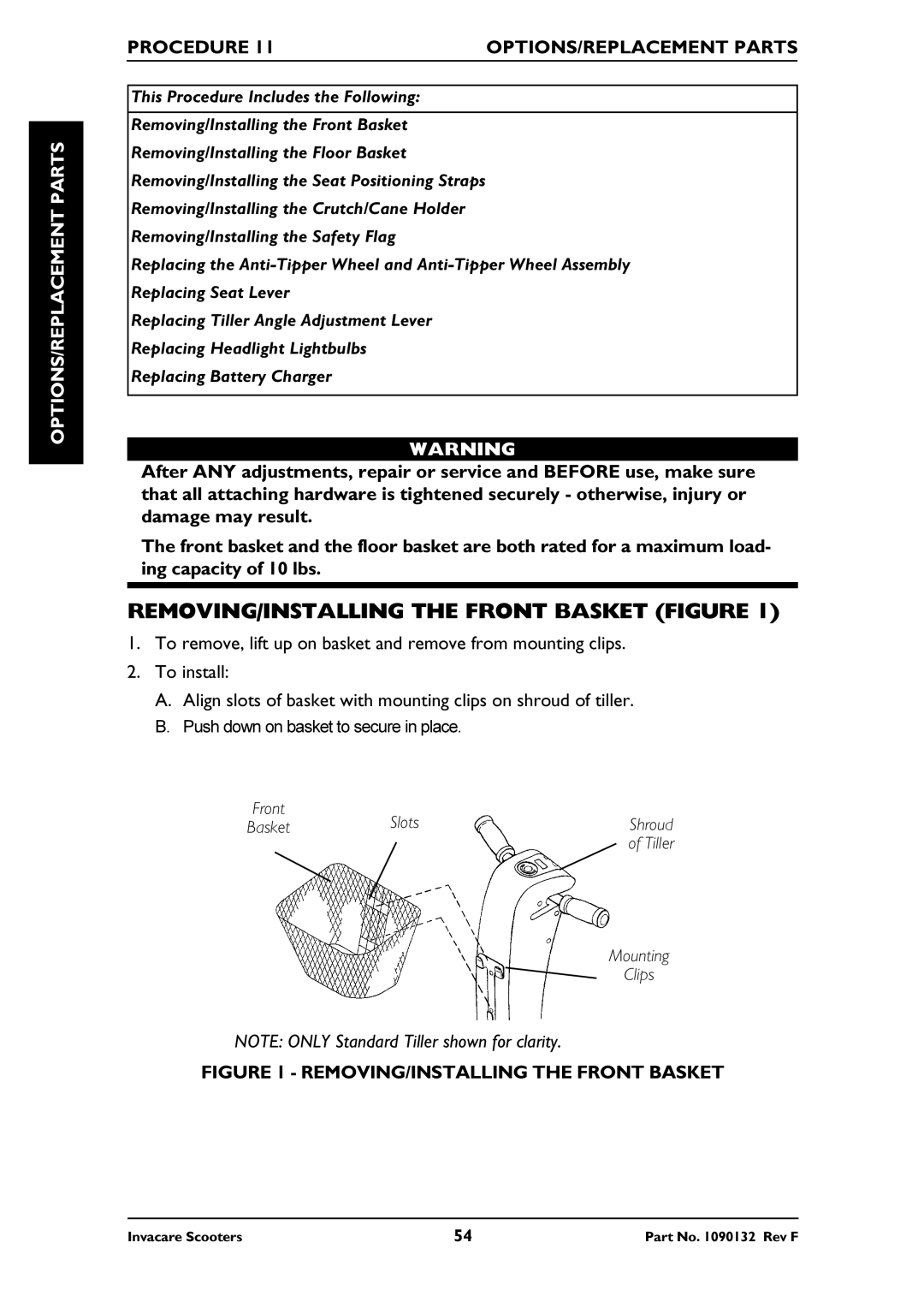 Invacare LYNX SX-3, PANTHER MX-4, PANTHER LX-4 REMOVING/INSTALLING the Front Basket Figure, OPTIONS/REPLACEMENT Parts 