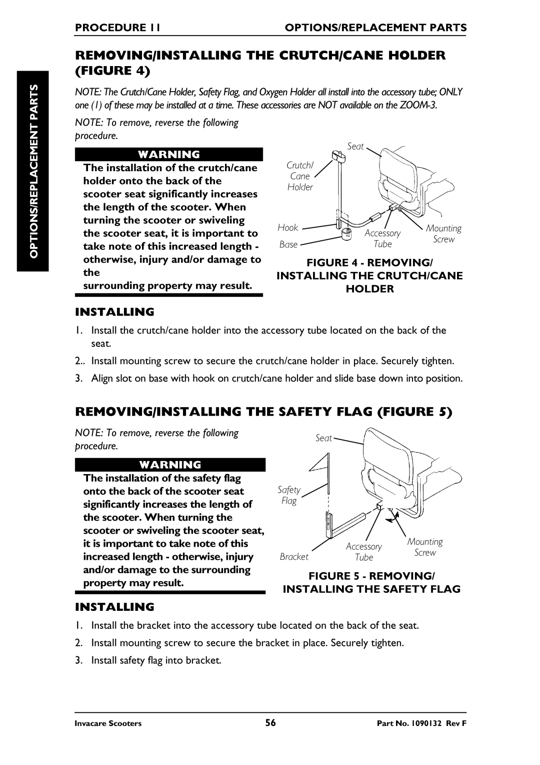 Invacare PANTHER LX-4 REMOVING/INSTALLING the CRUTCH/CANE Holder Figure, REMOVING/INSTALLING the Safety Flag Figure, Parts 