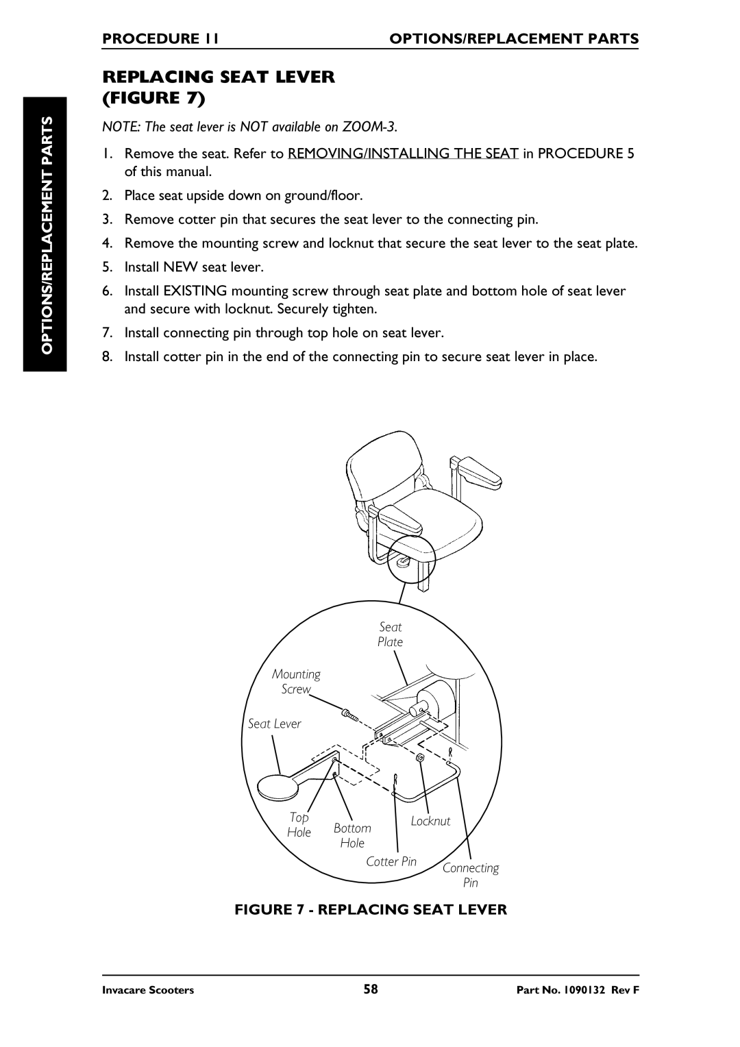 Invacare LYNX LX-3PLUS, PANTHER MX-4, PANTHER LX-4, LYNX SX-3 owner manual Replacing Seat Lever Figure 