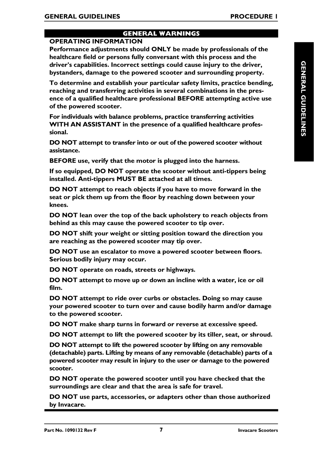 Invacare LYNX LX-3, PANTHER MX-4, PANTHER LX-4 General Guidelines Procedure, General Warnings, Operating Information 