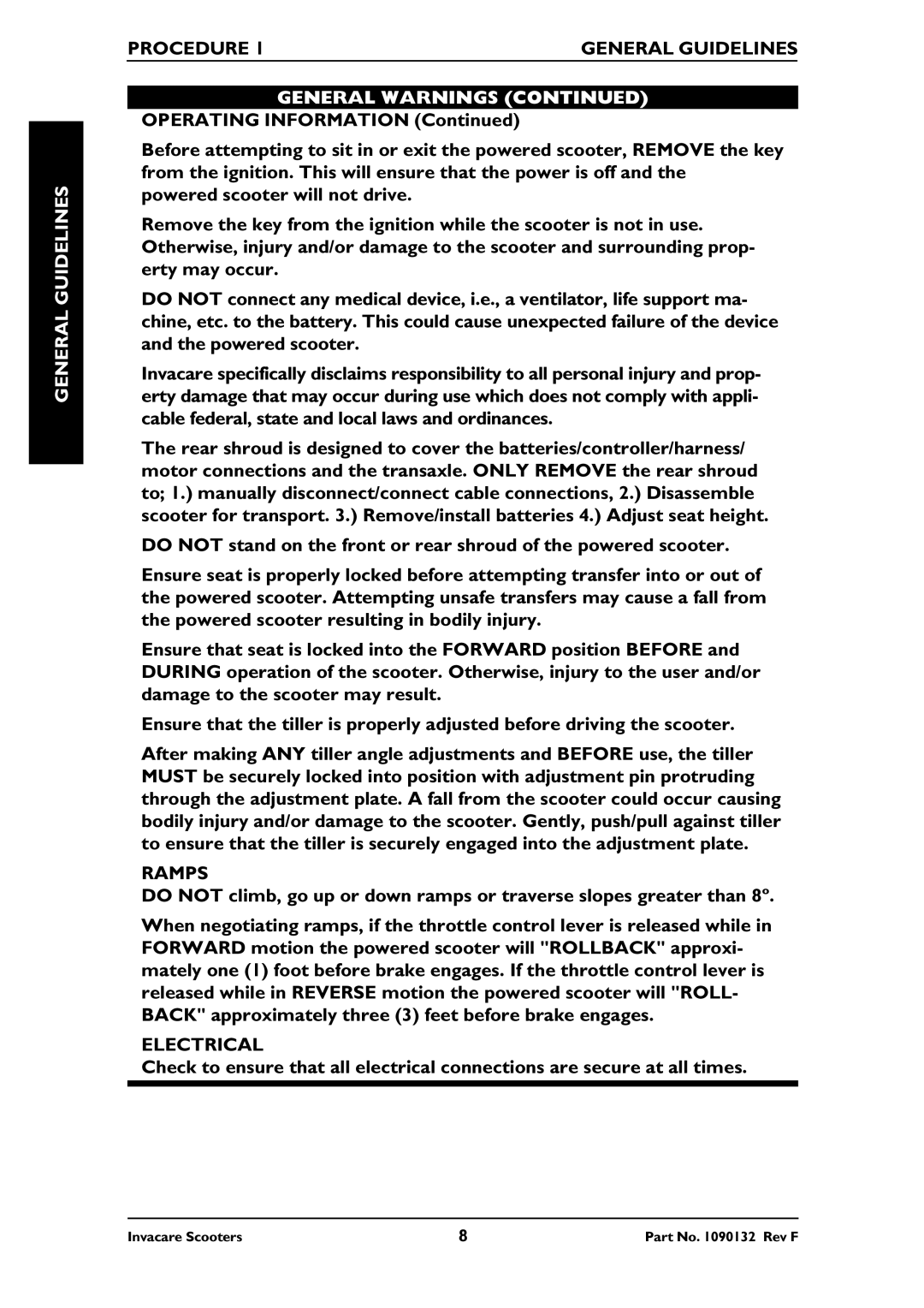 Invacare LYNX LX-3PLUS, PANTHER MX-4, PANTHER LX-4, LYNX SX-3 owner manual Procedure General Guidelines, Ramps, Electrical 