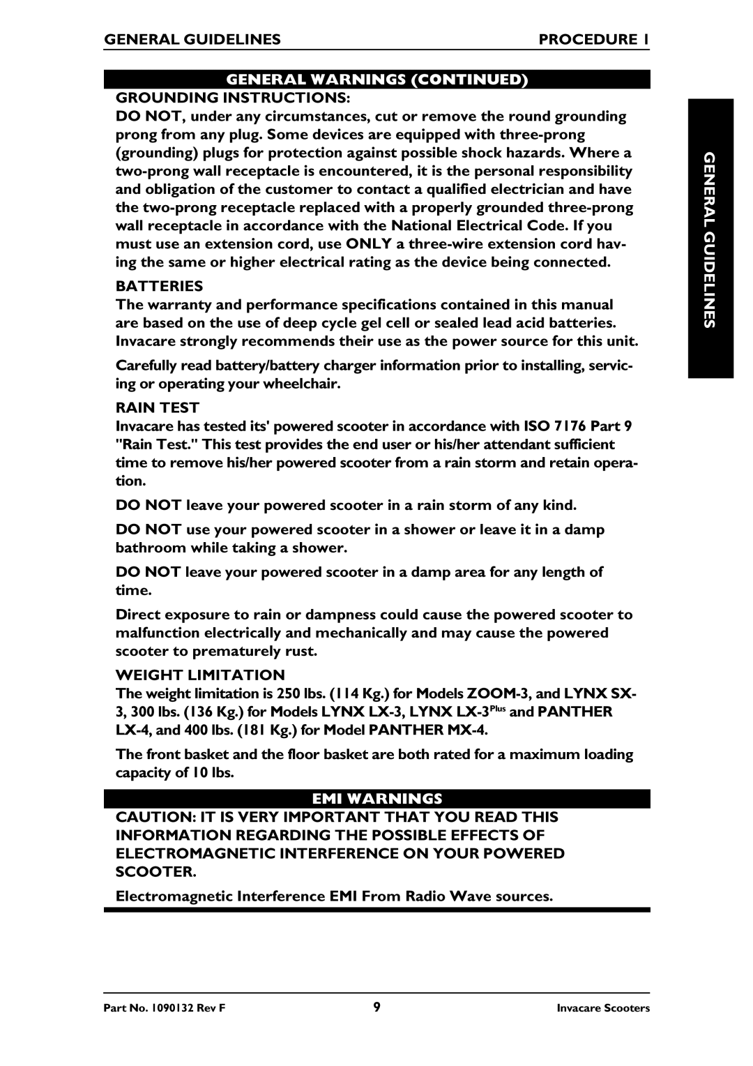 Invacare LYNX SX-3 General Warnings Grounding Instructions, Batteries, Rain Test, Weight Limitation, EMI Warnings 