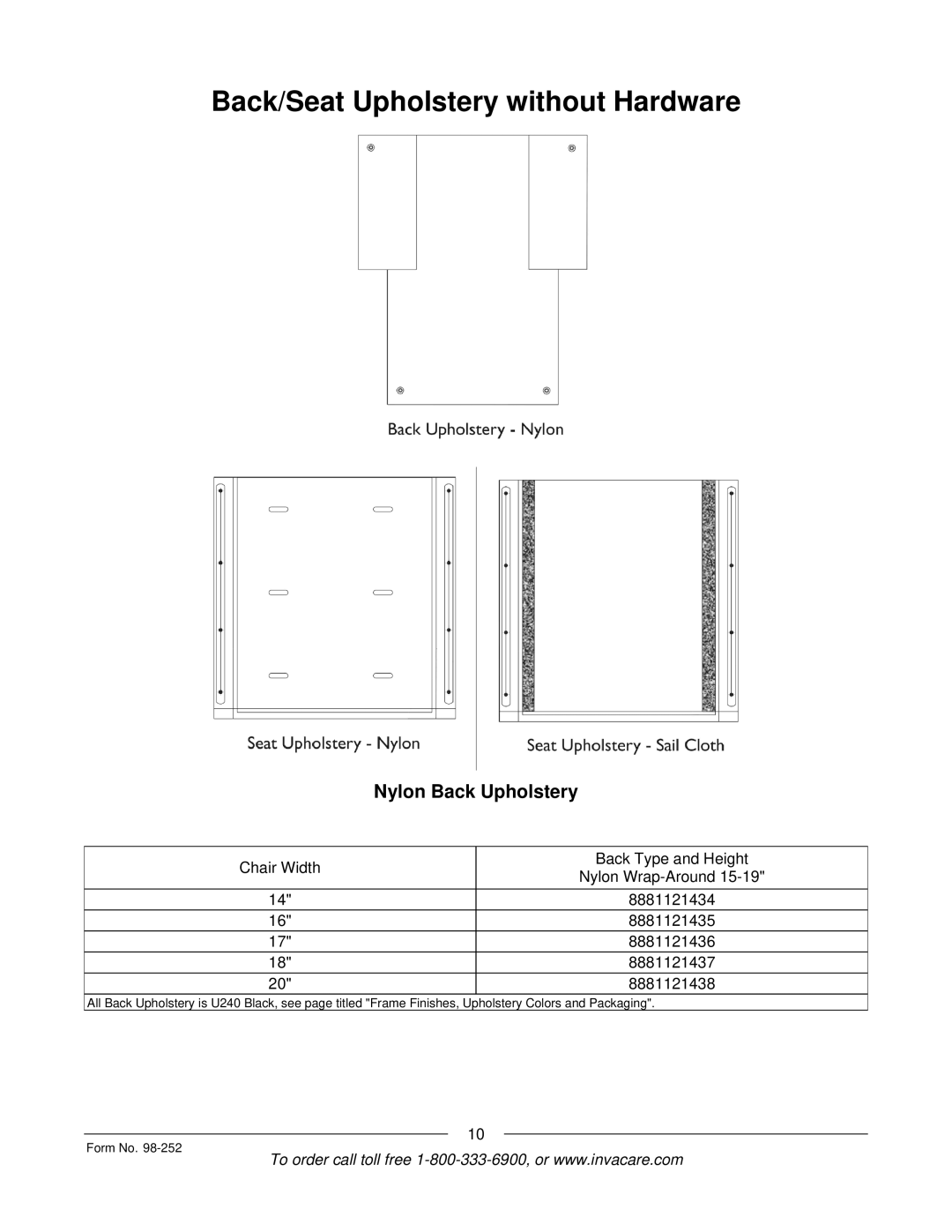 Invacare Patriot SL manual Back/Seat Upholstery without Hardware, Nylon Back Upholstery 