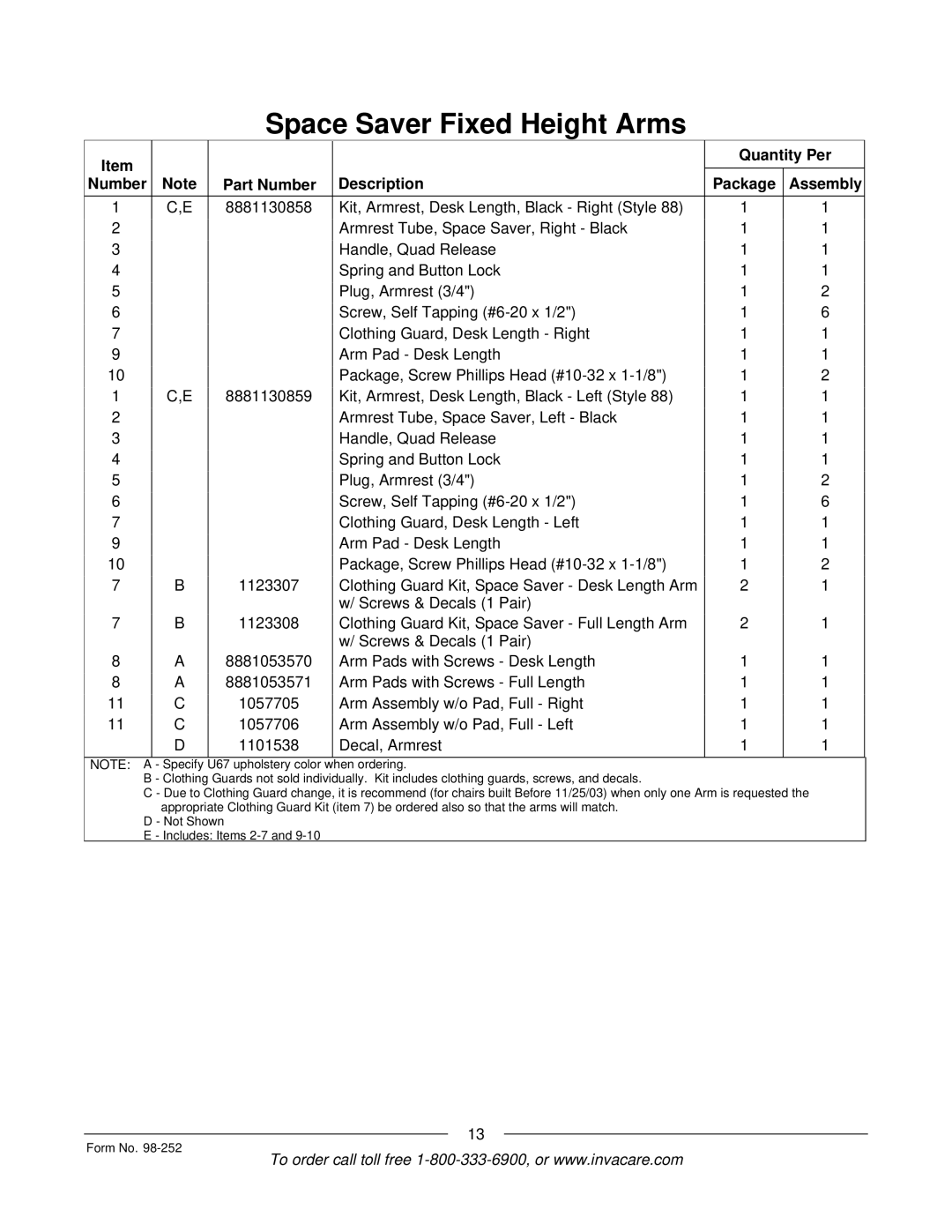 Invacare Patriot SL manual Quantity Per Number Part Number Description Package Assembly 