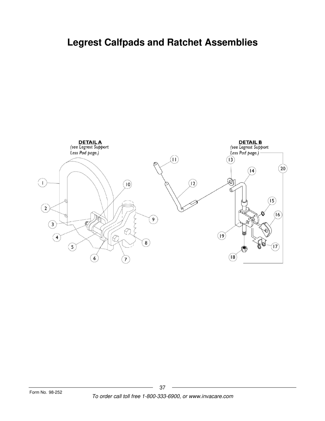 Invacare Patriot SL manual Legrest Calfpads and Ratchet Assemblies 