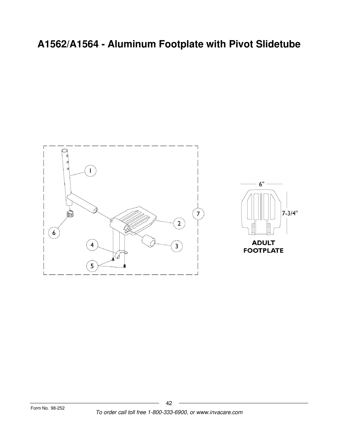 Invacare Patriot SL manual A1562/A1564 Aluminum Footplate with Pivot Slidetube 